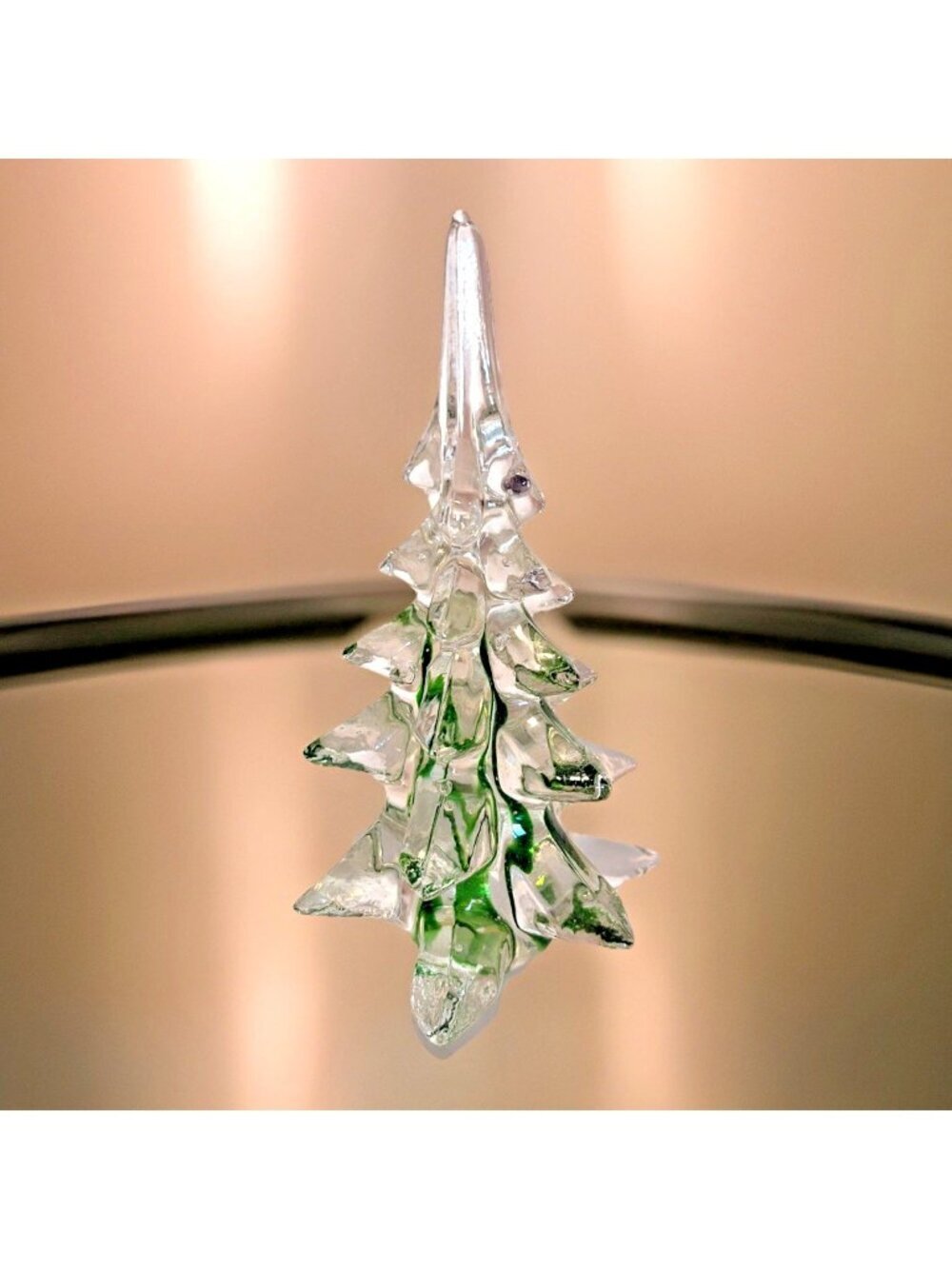Vintage Schmid Clear & Green Ribboned Christmas Tree Crystal Art Glass 6.5”